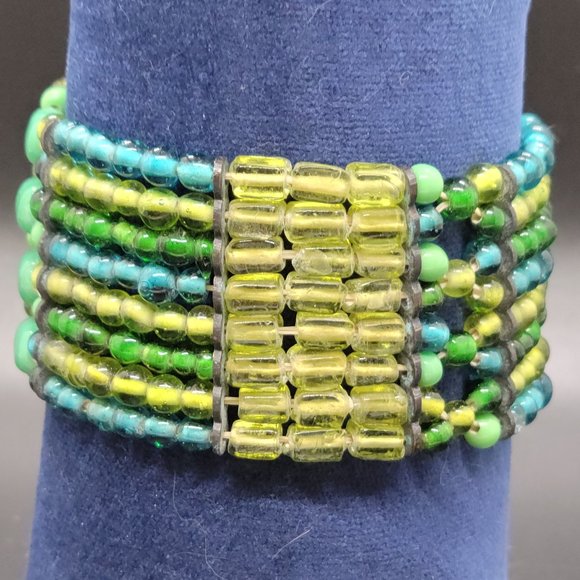 Multi-strand green, turquoise and blue glass bead elastic bracelet - Picture 2 of 3